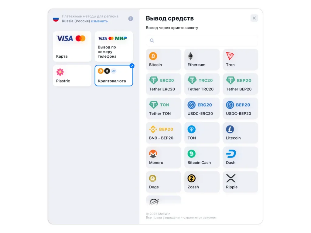 Платежи казино Mell Win
